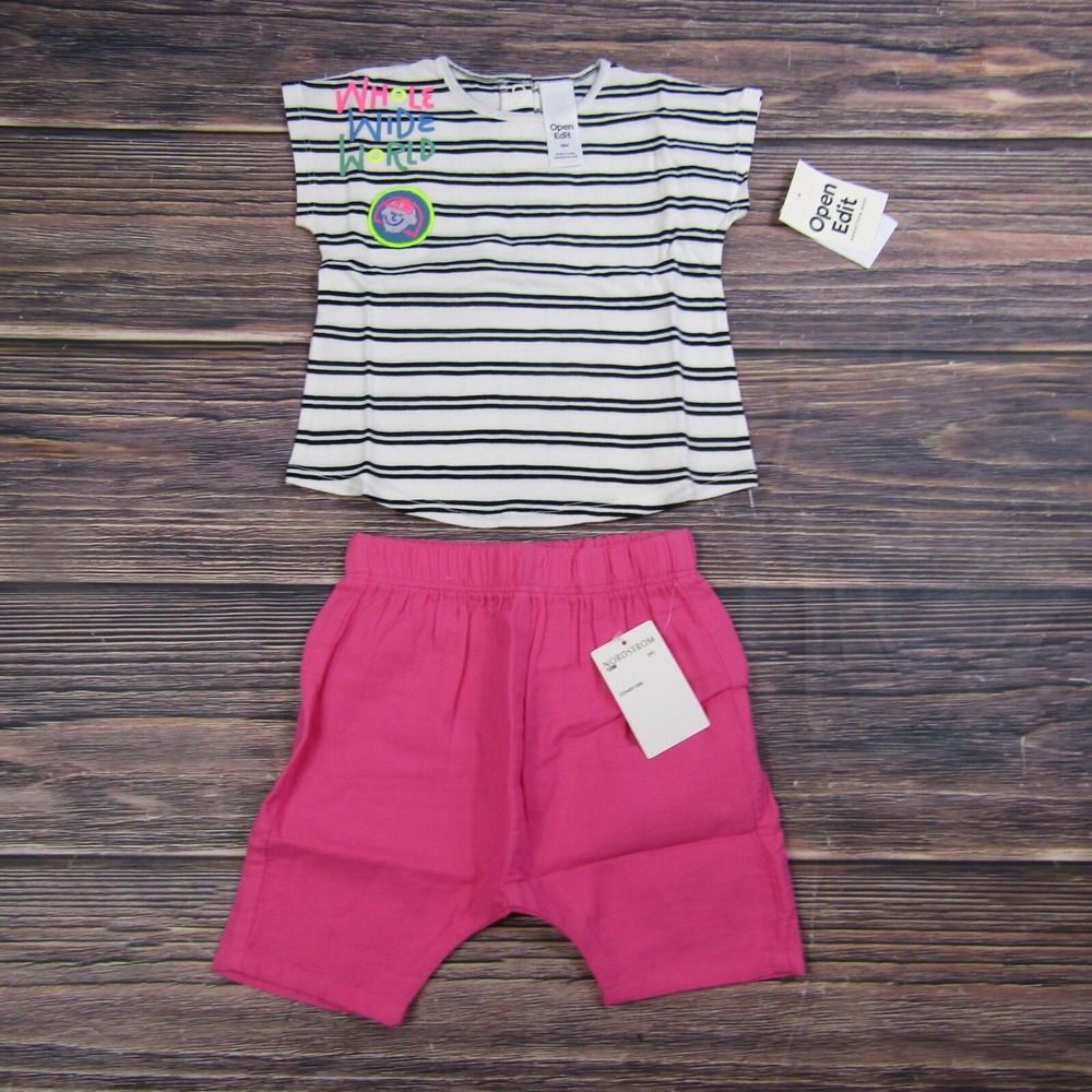 Open Edit NEW Girls Baby Toddler 18M White Pink‎ Striped Outfit Set